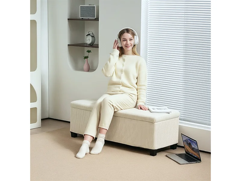 Banc de rangement avec coussin, en polyester, en tissu effet cord, structure en métal, beige, (112x42x40 cm)