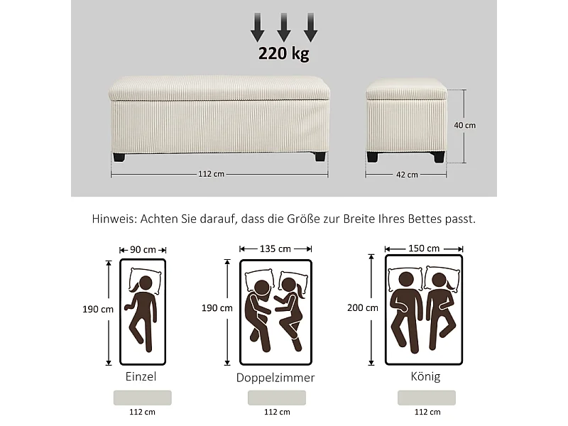 Banc de rangement avec coussin, en polyester, en tissu effet cord, structure en métal, beige, (112x42x40 cm)