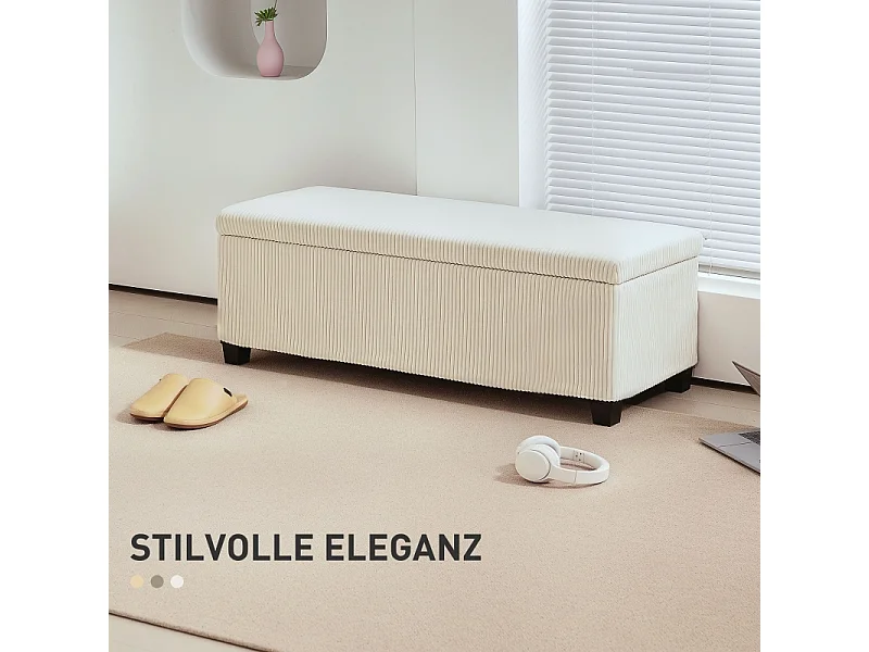 Banc de rangement avec coussin, en polyester, en tissu effet cord, structure en métal, beige, (112x42x40 cm)