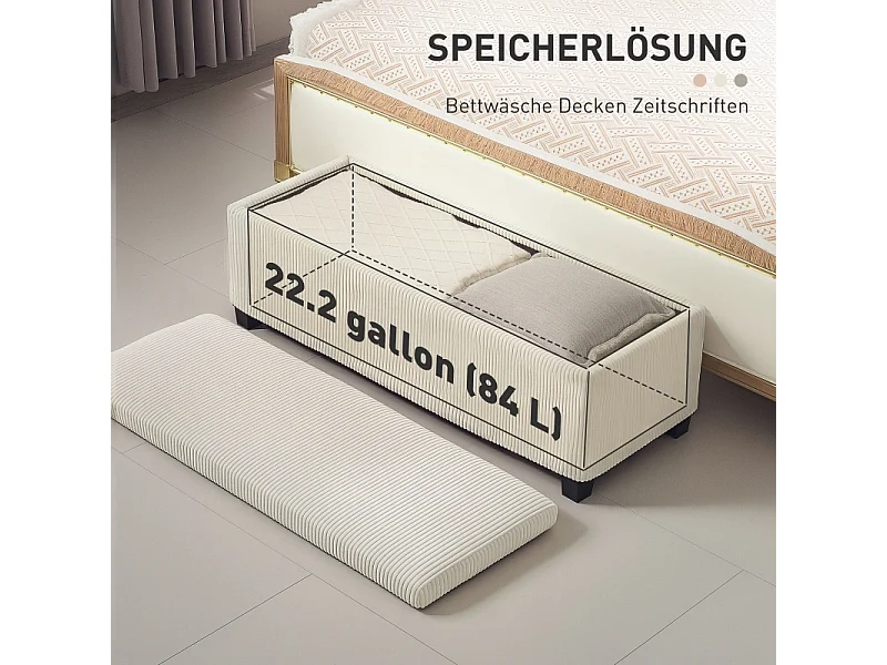 Banc de rangement avec coussin, en polyester, en tissu effet cord, structure en métal, beige, (112x42x40 cm)