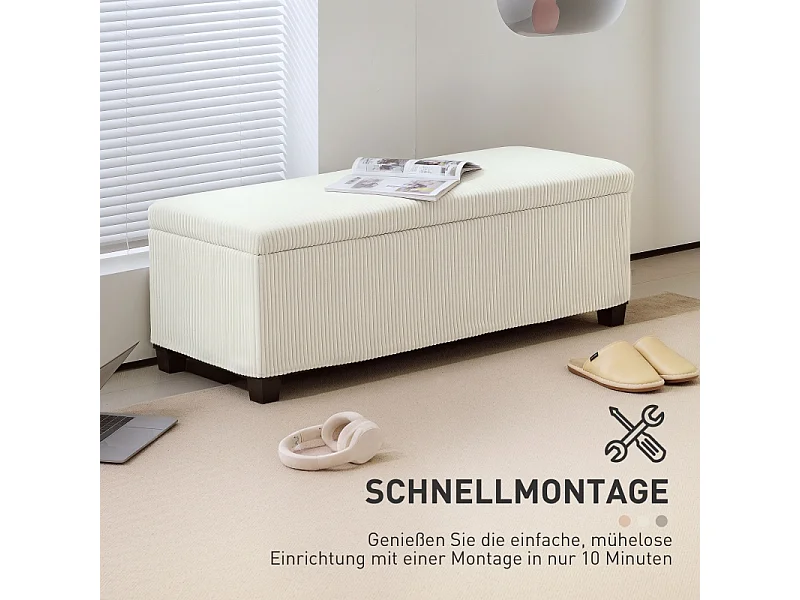 Banc de rangement avec coussin, en polyester, en tissu effet cord, structure en métal, beige, (112x42x40 cm)