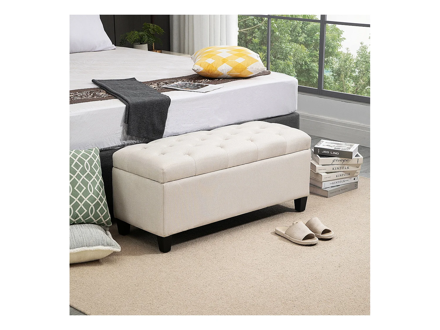 Gestoffeerde opbergbank, linnenlook polyester, houten poten, crèmewit (100x40x44cm)