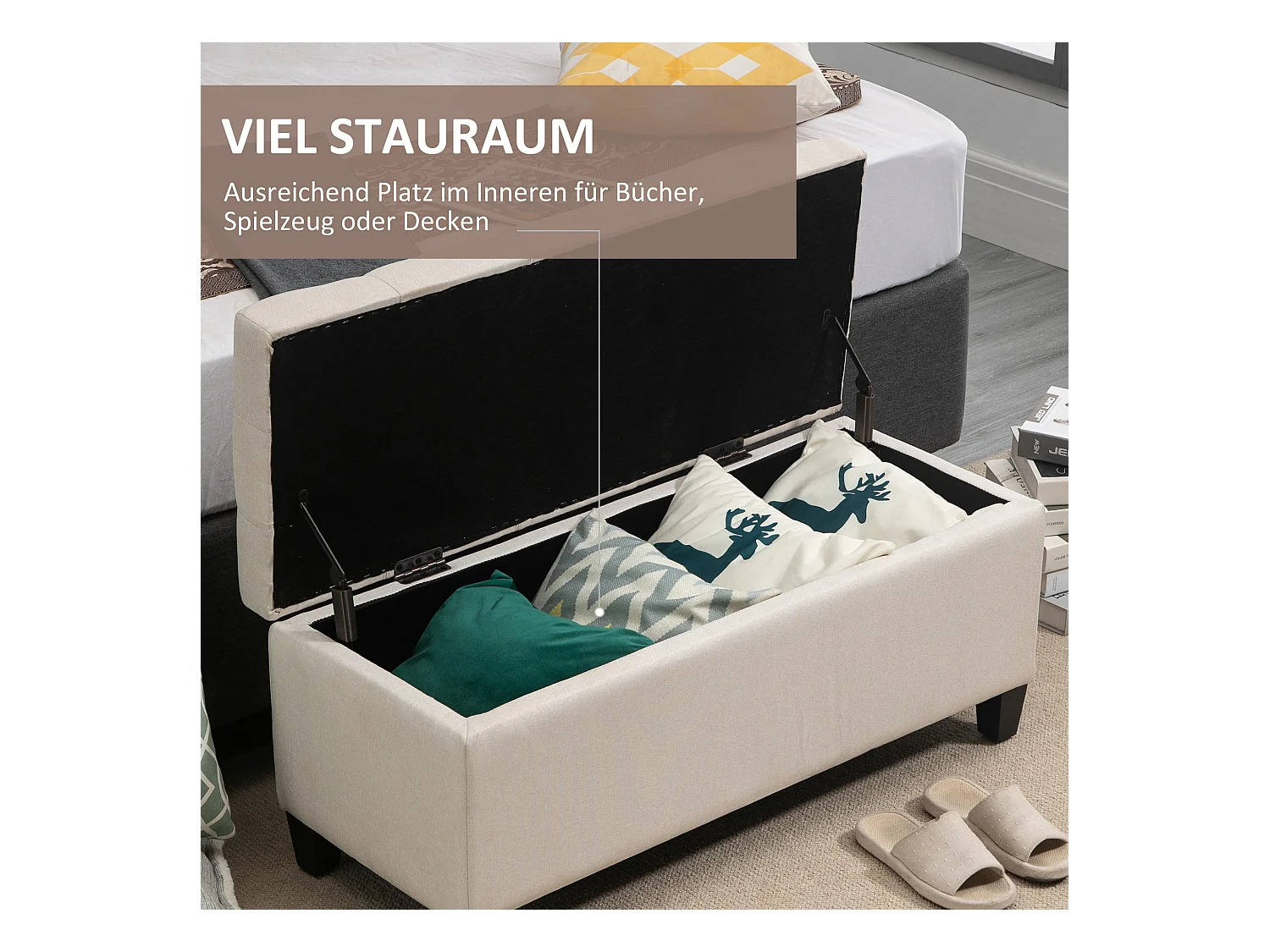 Gestoffeerde opbergbank, linnenlook polyester, houten poten, crèmewit (100x40x44cm)