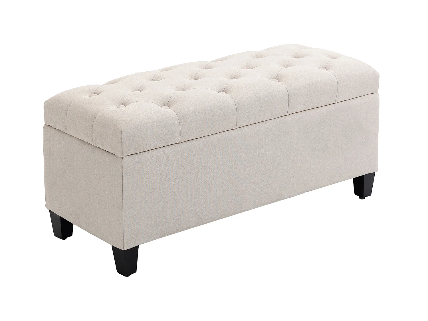 Banc de rangement capitonné, polyester imitation lin, pieds en bois, blanc crème (100x40x44cm)
