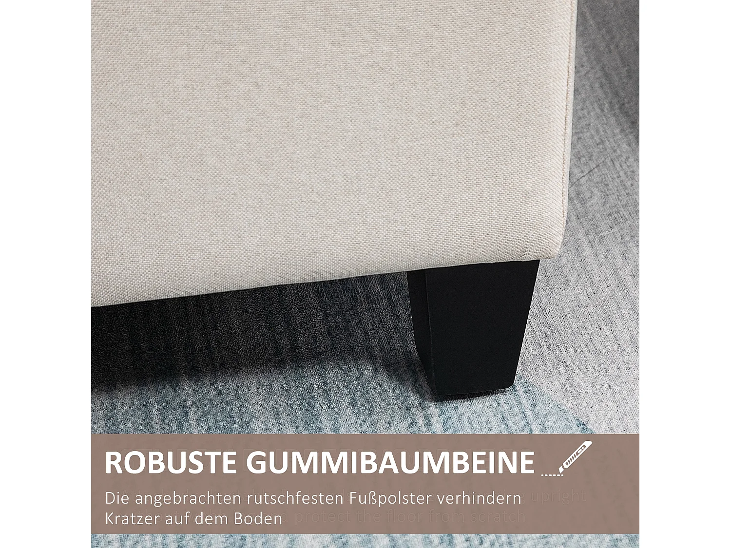 Banc de rangement capitonné, polyester imitation lin, pieds en bois, blanc crème (100x40x44cm)