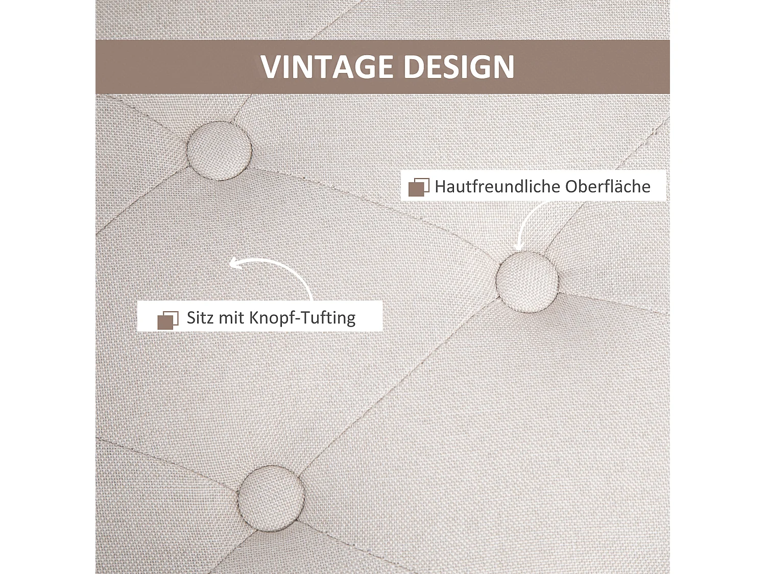 Banc de rangement capitonné, polyester imitation lin, pieds en bois, blanc crème (100x40x44cm)