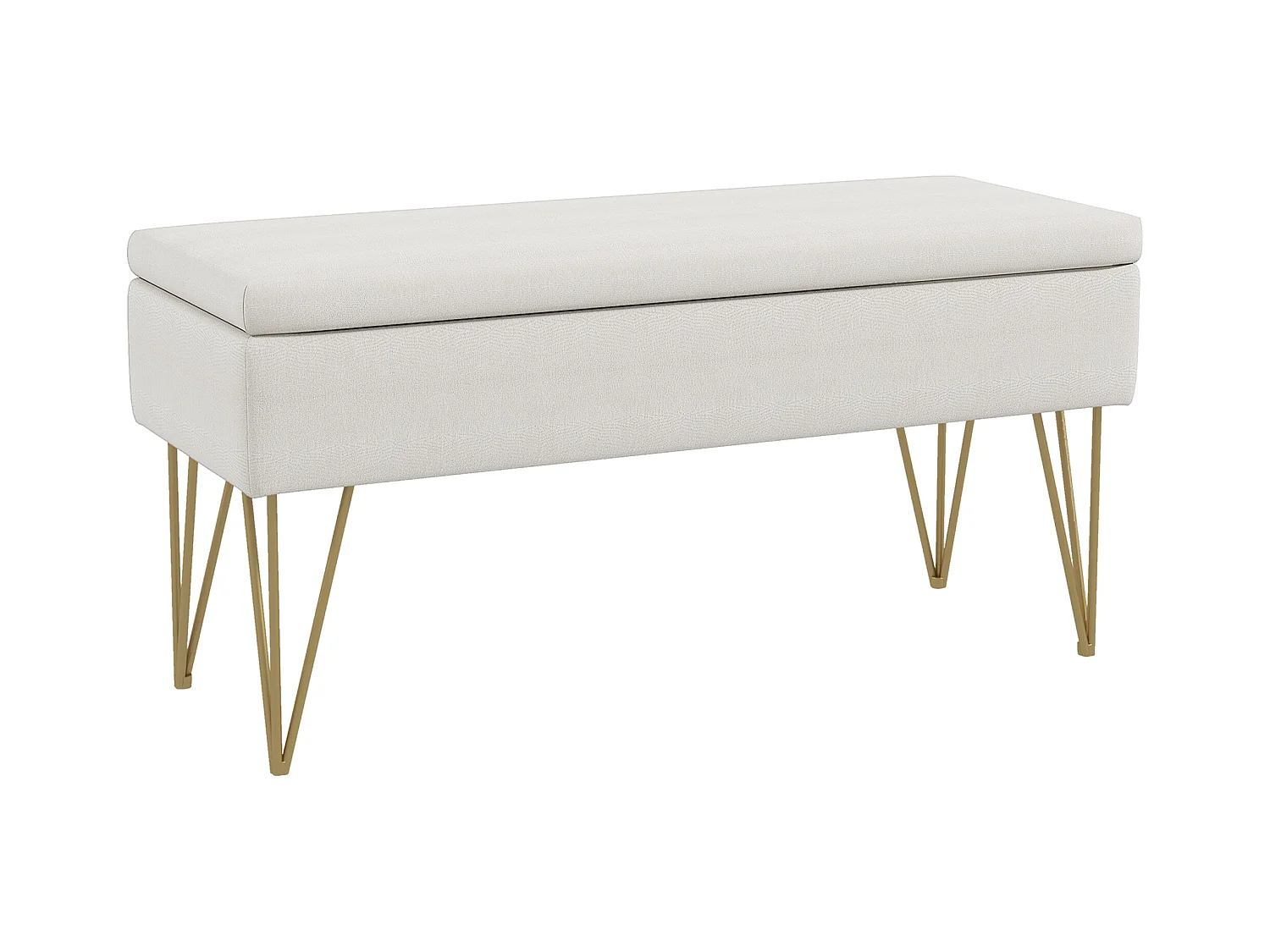 Banc de rangement capitonné, imitation lin, pieds métal doré, blanc crème (100x40x49cm)
