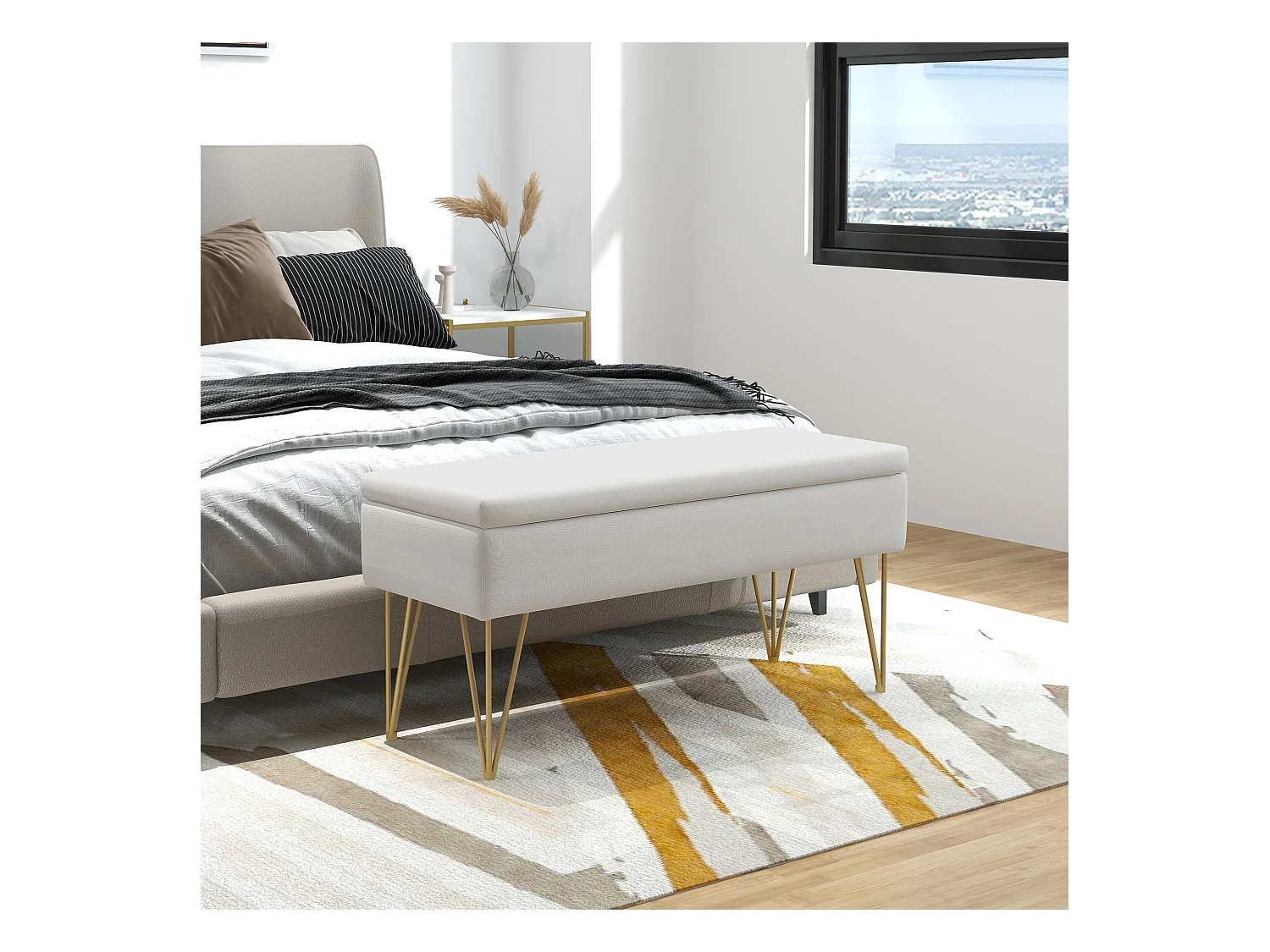 Banc de rangement capitonné, imitation lin, pieds métal doré, blanc crème (100x40x49cm)