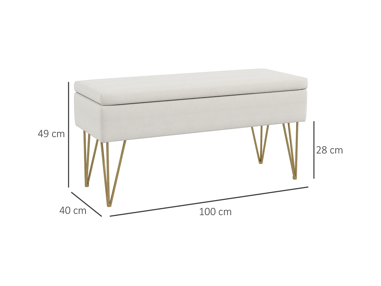Banc de rangement capitonné, imitation lin, pieds métal doré, blanc crème (100x40x49cm)