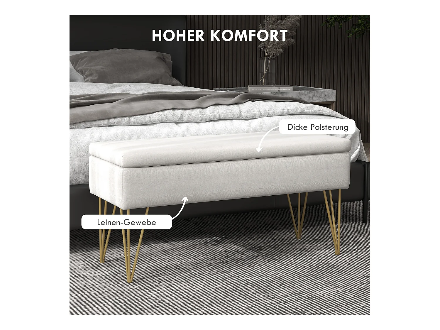 Banc de rangement capitonné, imitation lin, pieds métal doré, blanc crème (100x40x49cm)