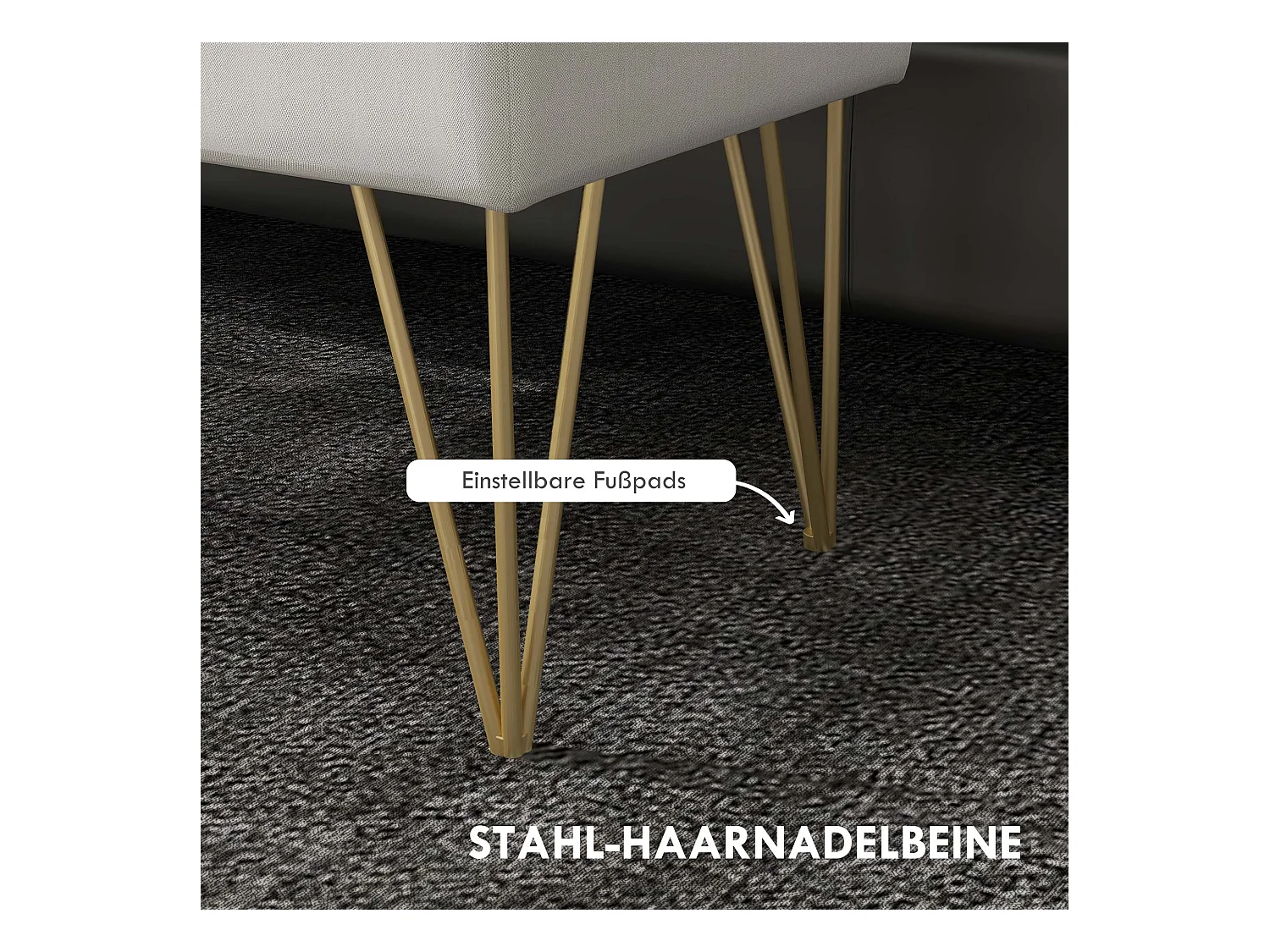 Banc de rangement capitonné, imitation lin, pieds métal doré, blanc crème (100x40x49cm)