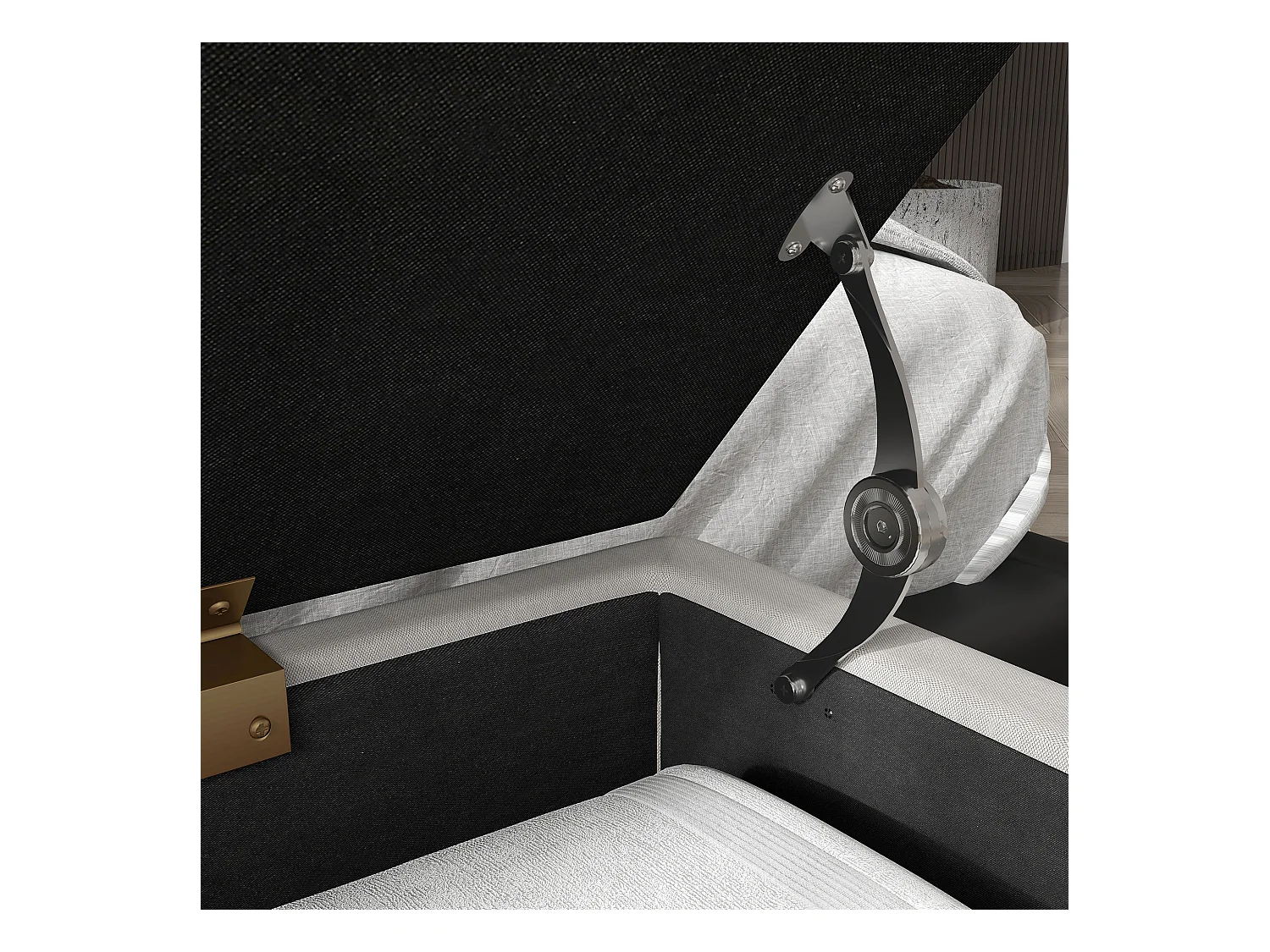 Banc de rangement capitonné, imitation lin, pieds métal doré, blanc crème (100x40x49cm)