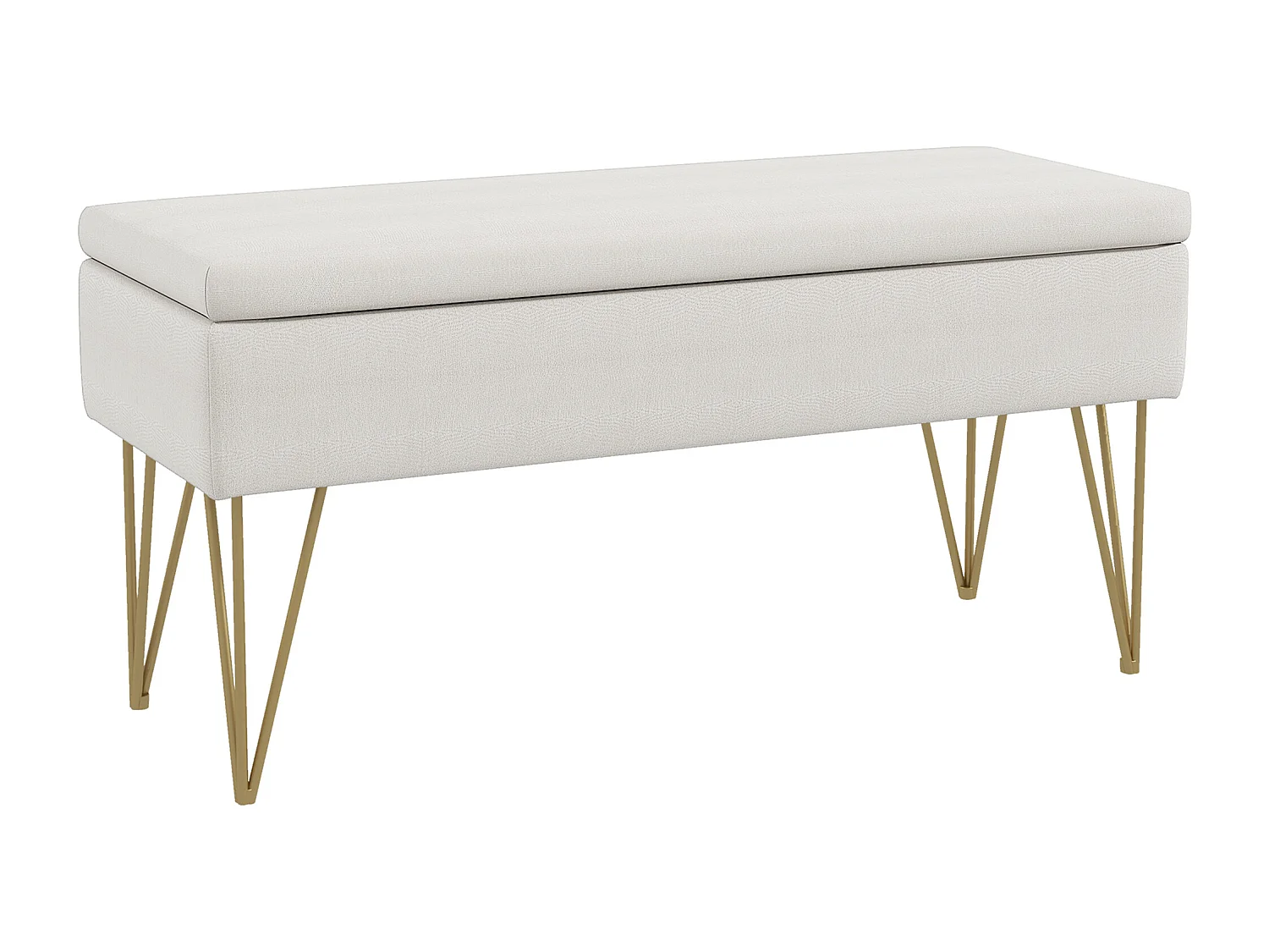 Banc de rangement capitonné, imitation lin, pieds métal doré, blanc crème (100x40x49cm)