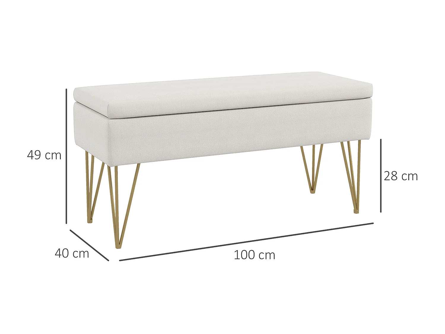 Banc de rangement capitonné, imitation lin, pieds métal doré, blanc crème (100x40x49cm)