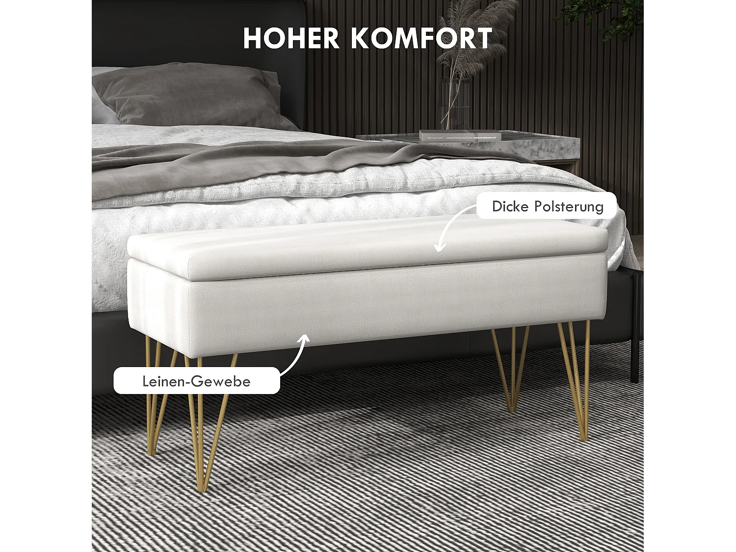 Banc de rangement capitonné, imitation lin, pieds métal doré, blanc crème (100x40x49cm)