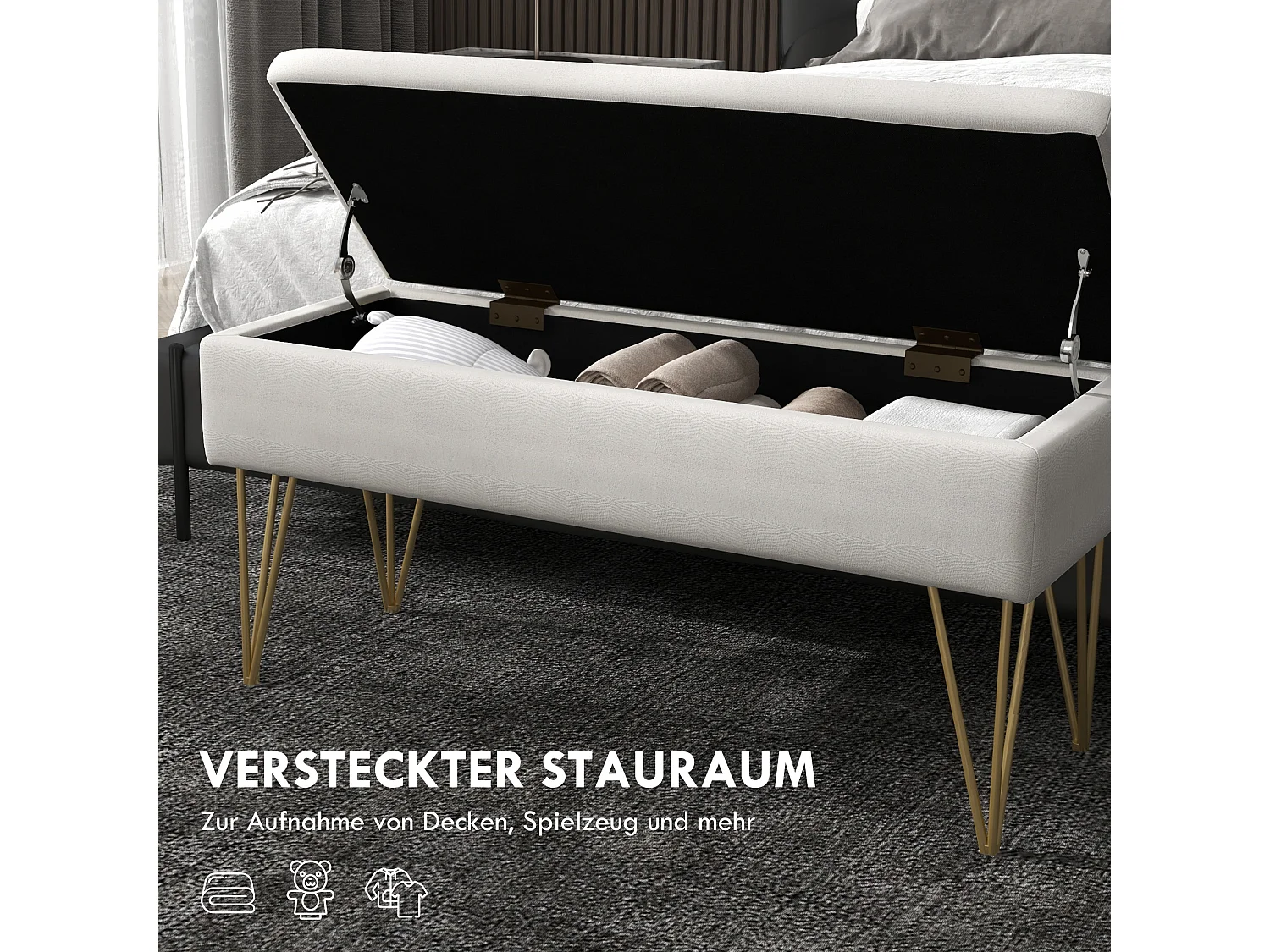 Banc de rangement capitonné, imitation lin, pieds métal doré, blanc crème (100x40x49cm)