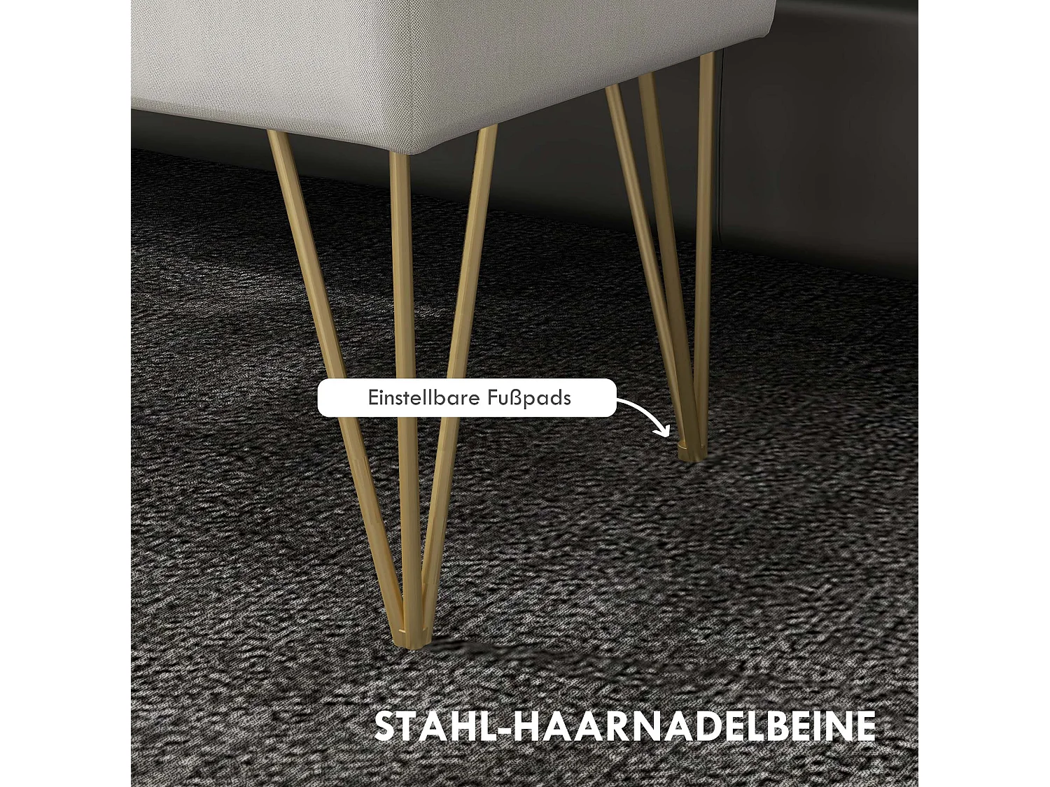 Banc de rangement capitonné, imitation lin, pieds métal doré, blanc crème (100x40x49cm)