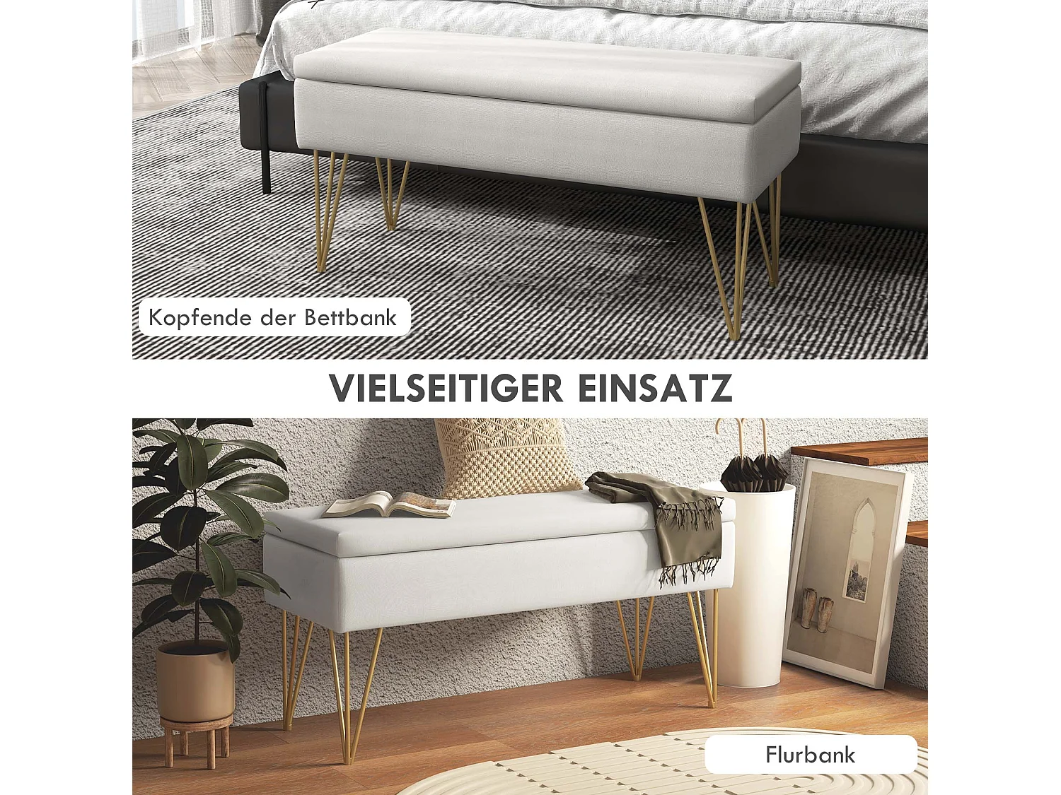 Banc de rangement capitonné, imitation lin, pieds métal doré, blanc crème (100x40x49cm)