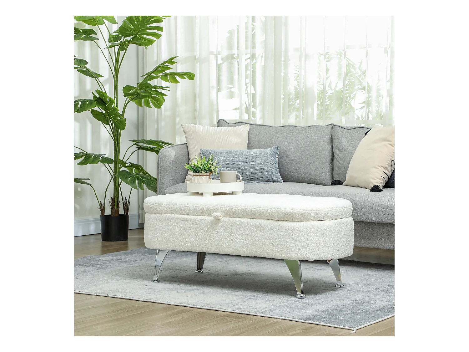 Banc de rangement capitonné, velours teddy, structure métal, blanc (114x47x46.5cm)