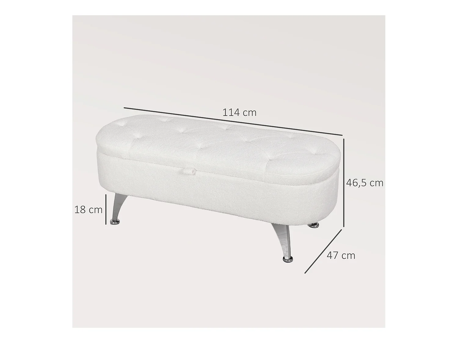 Banc de rangement capitonné, velours teddy, structure métal, blanc (114x47x46.5cm)