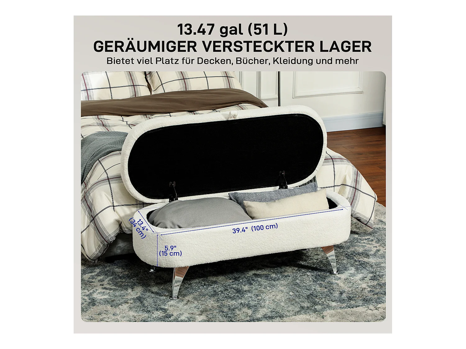 Banc de rangement capitonné, velours teddy, structure métal, blanc (114x47x46.5cm)