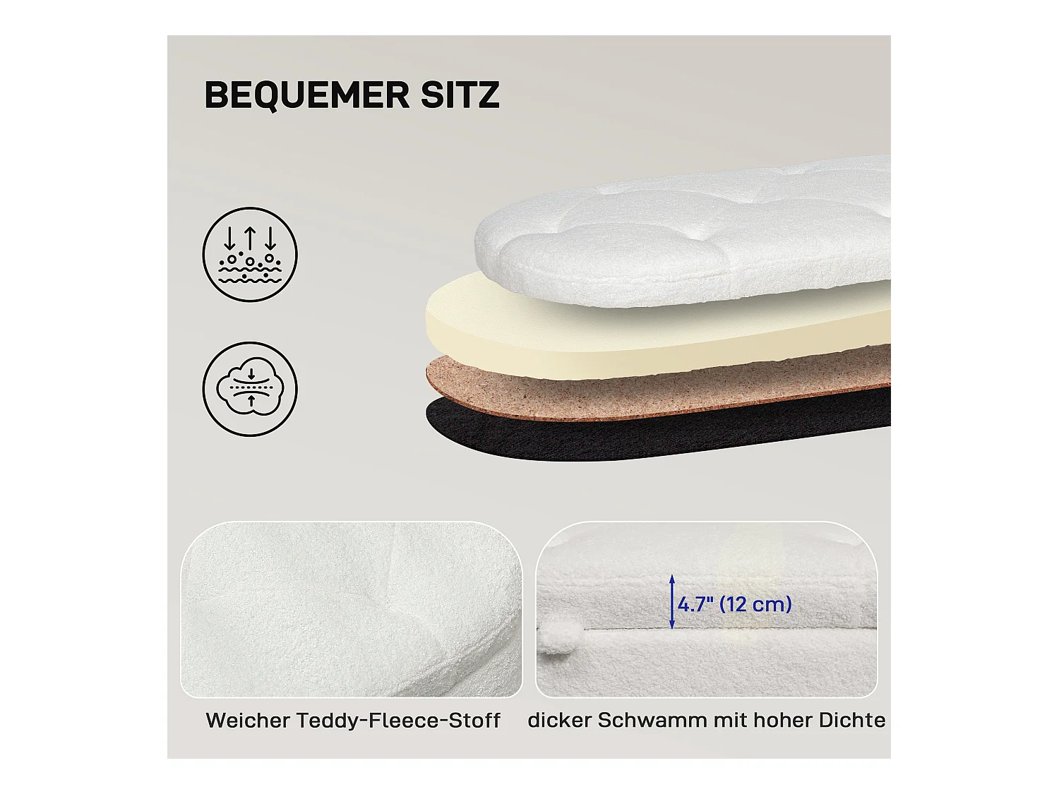 Banc de rangement capitonné, velours teddy, structure métal, blanc (114x47x46.5cm)