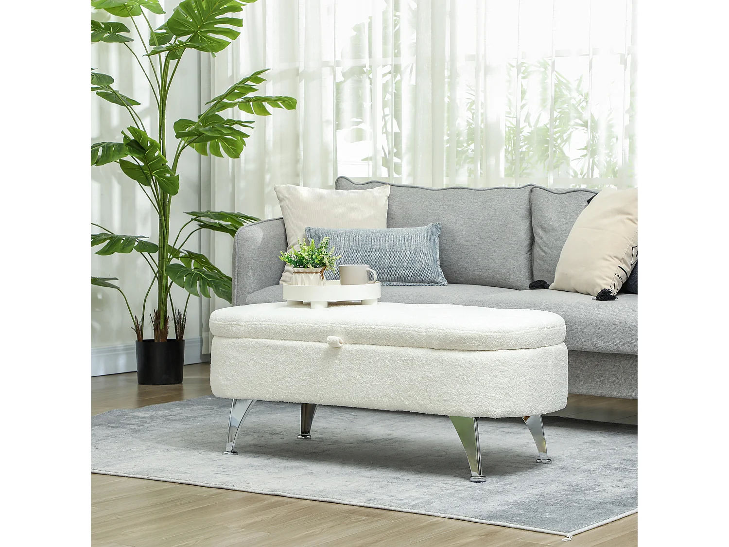 Panca contenitore imbottita, velluto teddy, struttura in metallo, bianco (114x47x46,5cm)