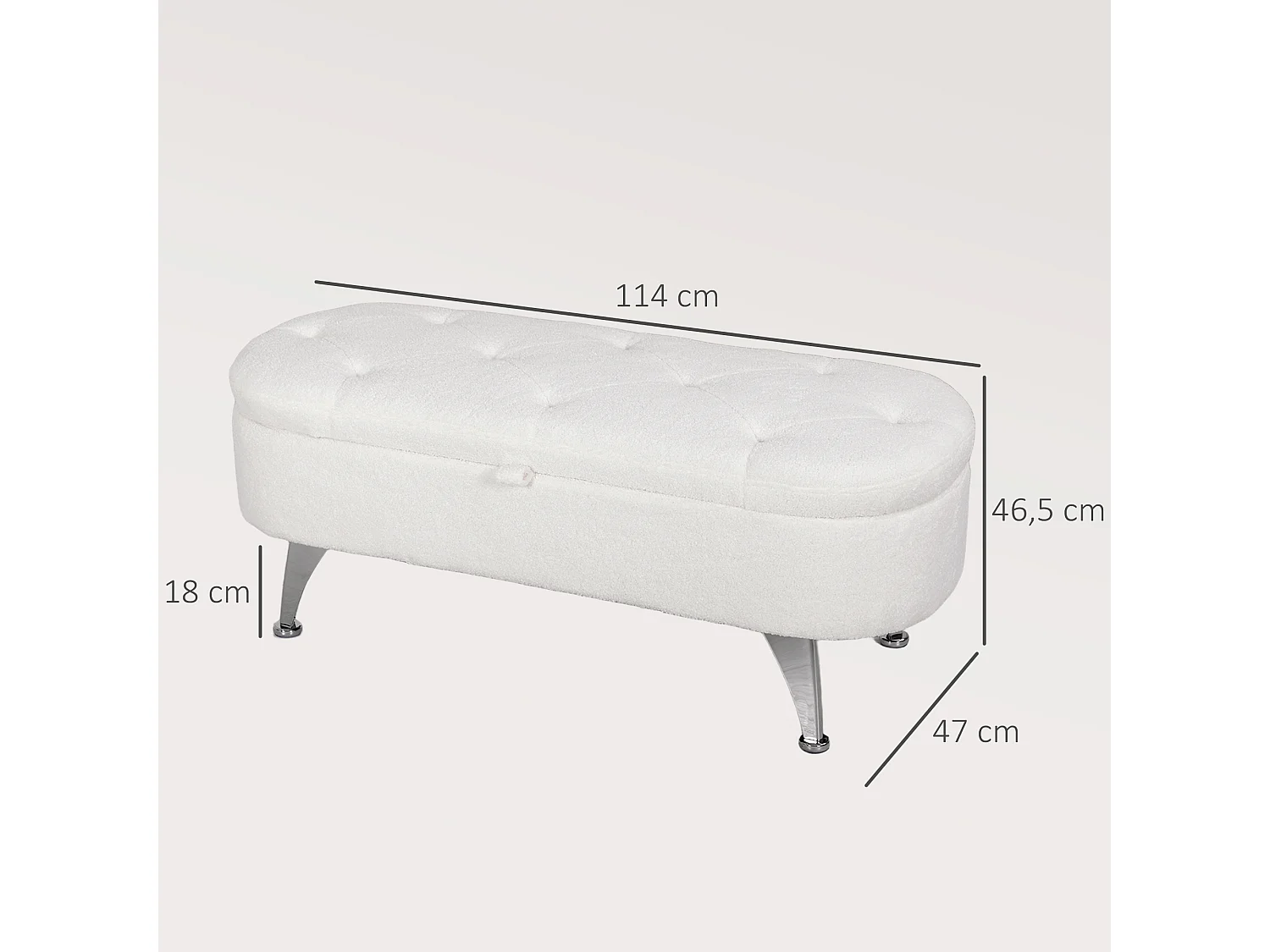 Panca contenitore imbottita, velluto teddy, struttura in metallo, bianco (114x47x46,5cm)