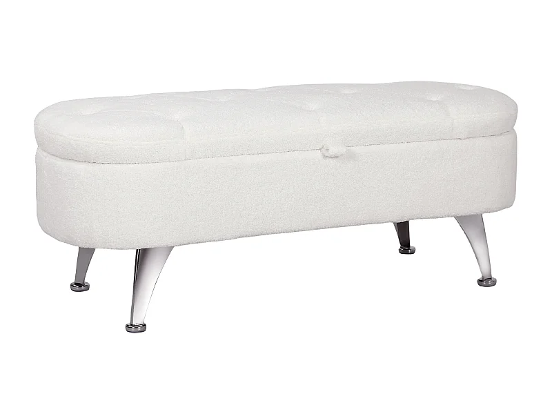 Banc de rangement capitonné, velours teddy, structure métal, blanc (114x47x46.5cm)