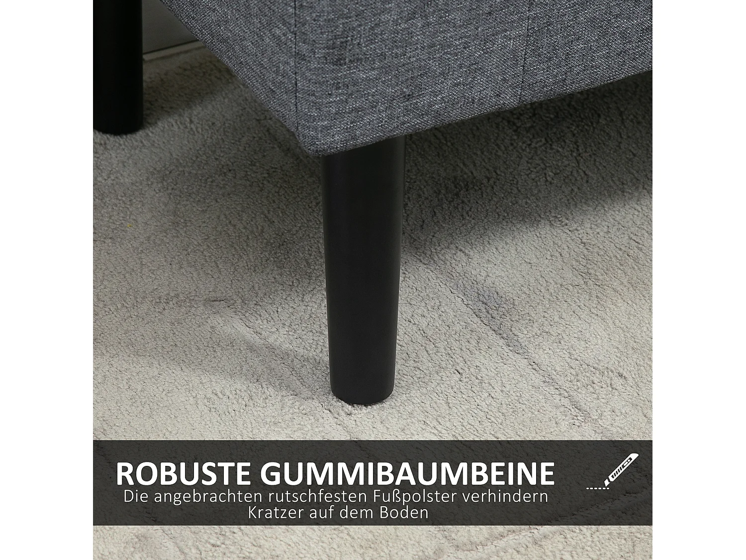 Banc de rangement capitonné, tissu lin, pieds en bois, gris clair (116x44x58cm)