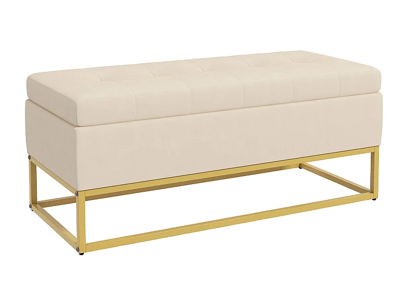 Banc de rangement capitonné, revêtement velours, pieds en acier doré, beige (110x44x49cm)