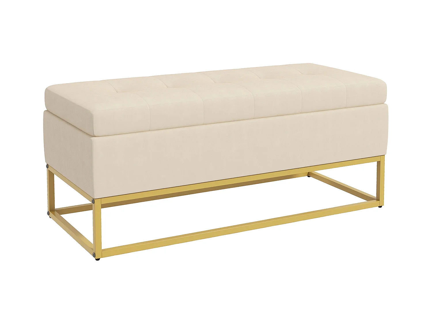 Banc de rangement capitonné, revêtement velours, pieds en acier doré, beige (110x44x49cm)