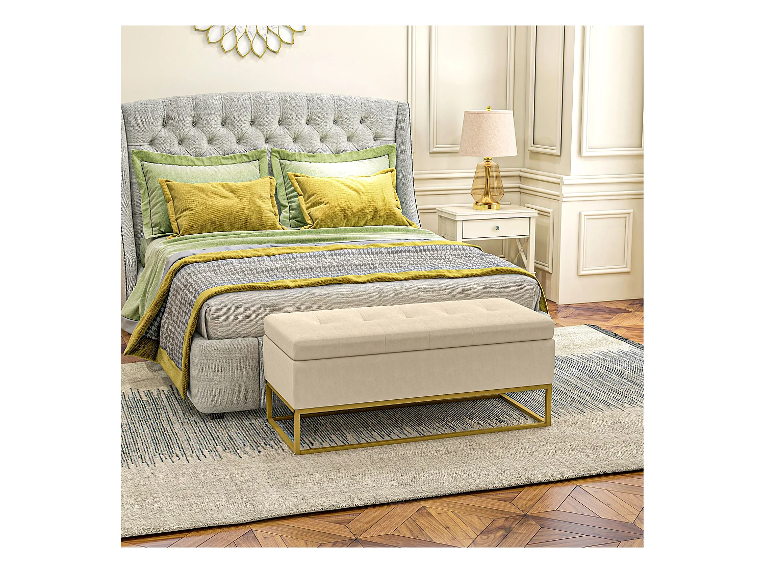Banc de rangement capitonné, revêtement velours, pieds en acier doré, beige (110x44x49cm)