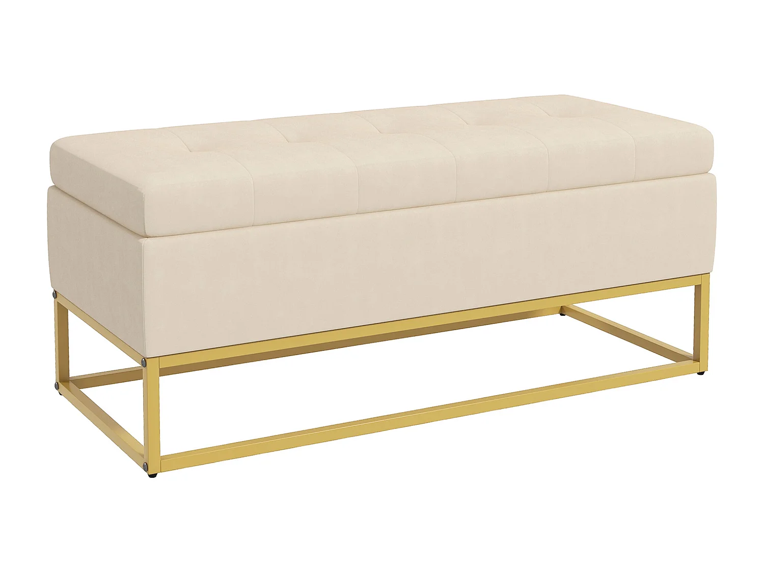 Banc de rangement capitonné, revêtement velours, pieds en acier doré, beige (110x44x49cm)