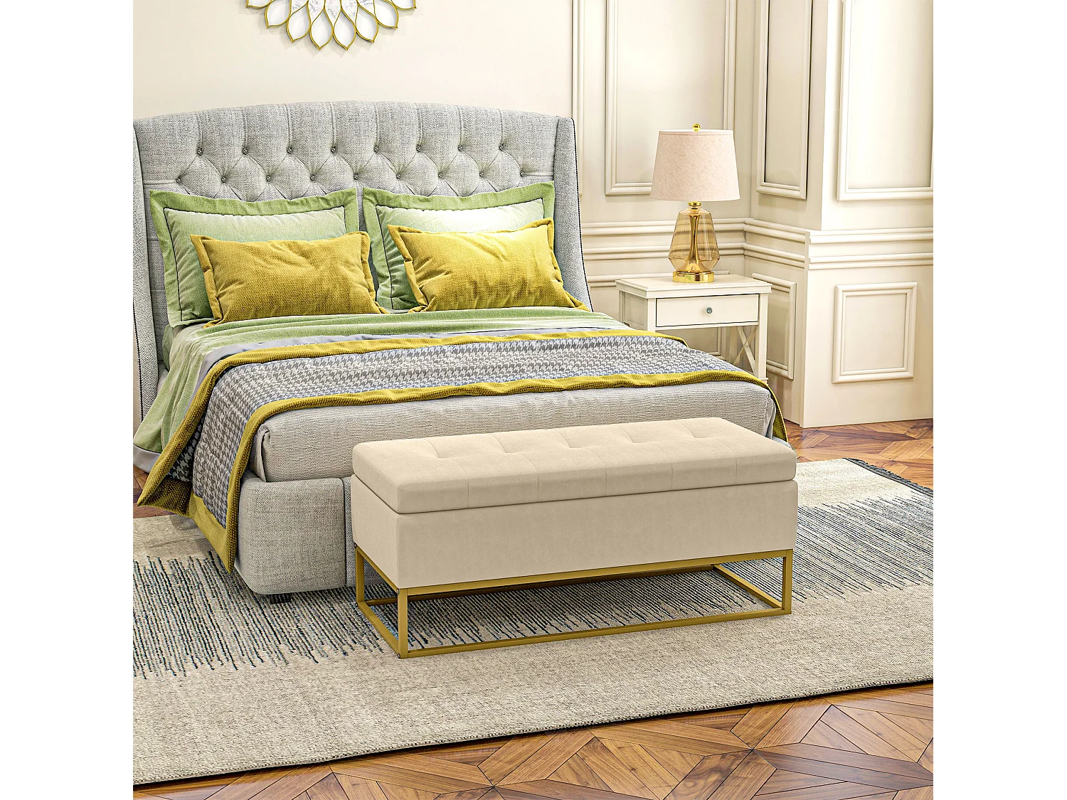 Banc de rangement capitonné, revêtement velours, pieds en acier doré, beige (110x44x49cm)