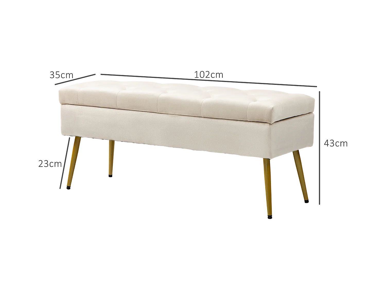 Banc de rangement rembourré, design élégant avec couvercle, polyester velours, beige (102x35x43cm)