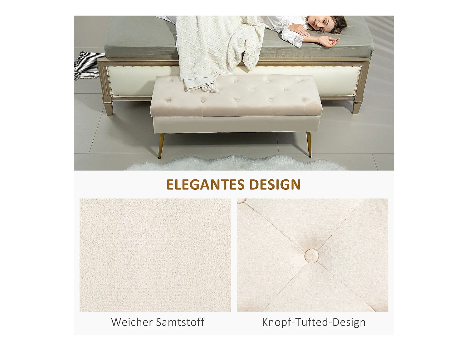 Banc de rangement rembourré, design élégant avec couvercle, polyester velours, beige (102x35x43cm)