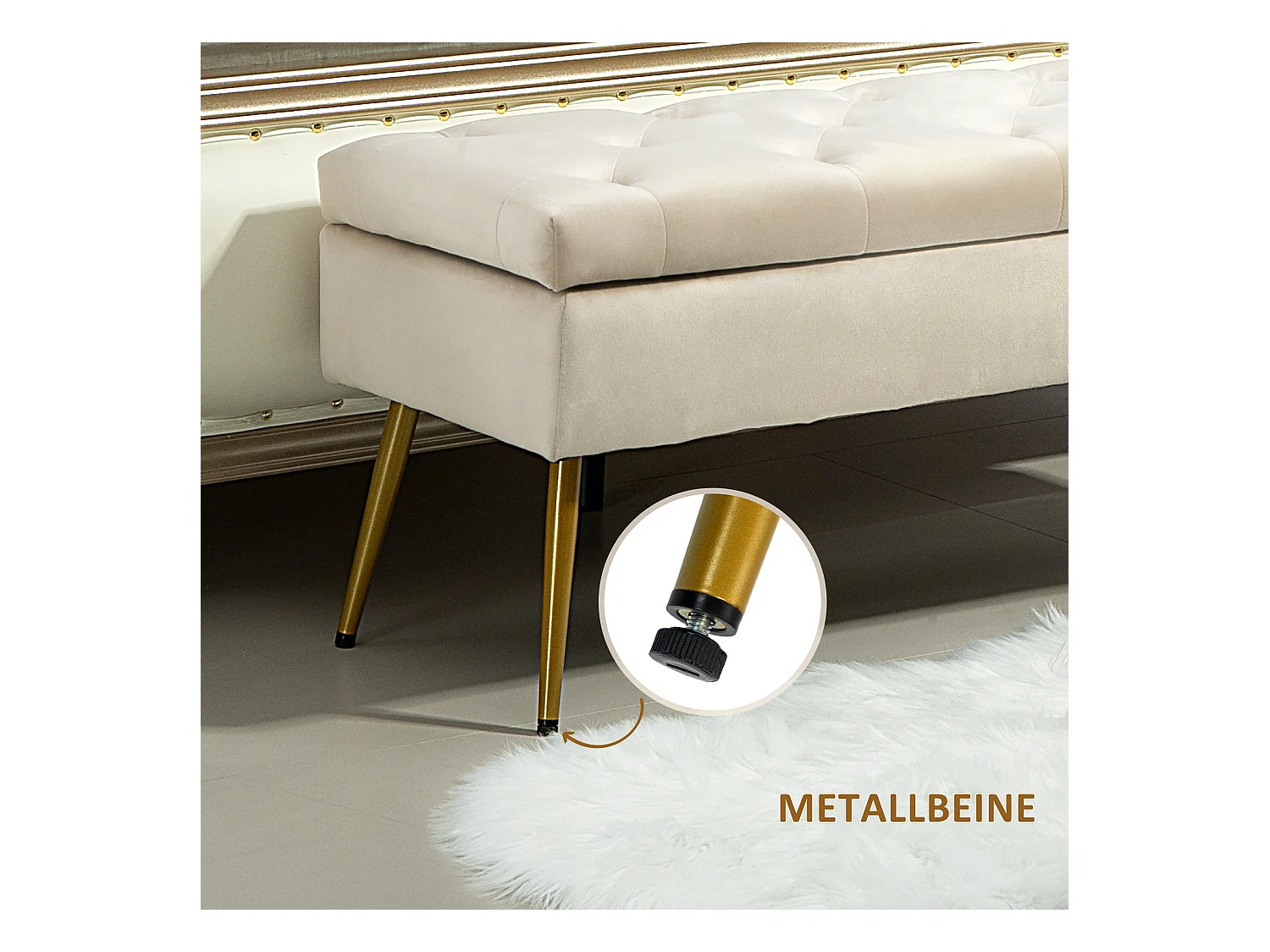 Banc de rangement rembourré, design élégant avec couvercle, polyester velours, beige (102x35x43cm)