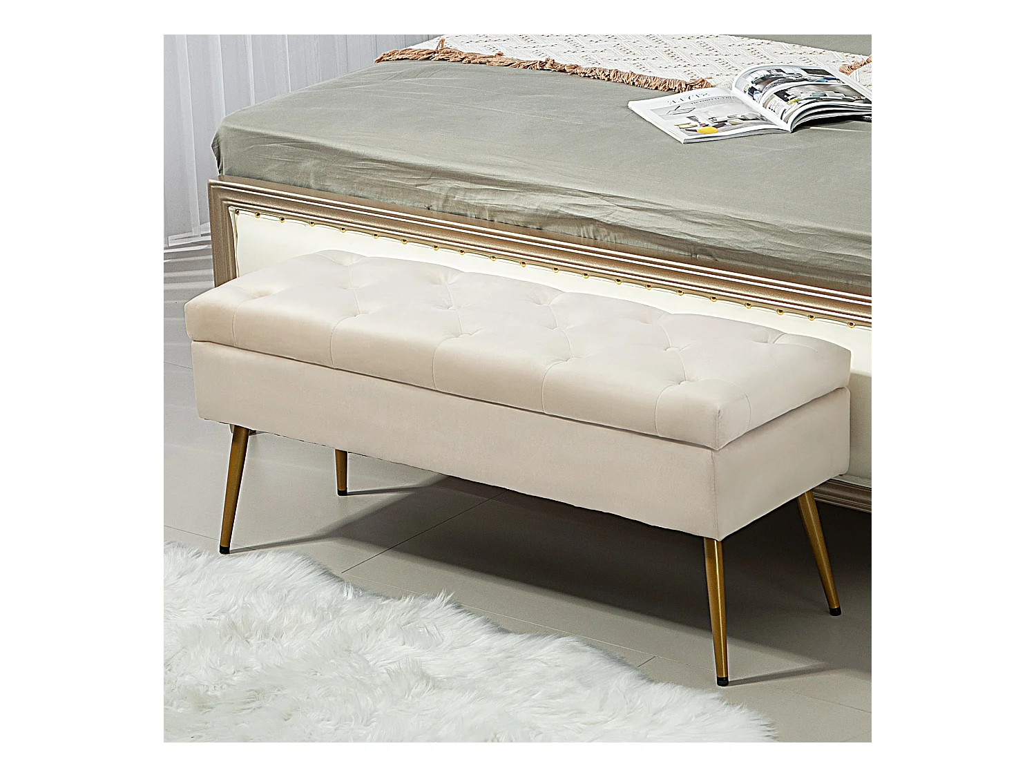 Banc de rangement rembourré, design élégant avec couvercle, polyester velours, beige (102x35x43cm)