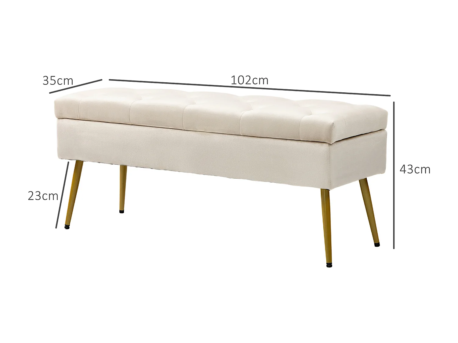 Gestoffeerde opbergbank, elegant design met deksel, polyester fluweel, beige (102x35x43cm)