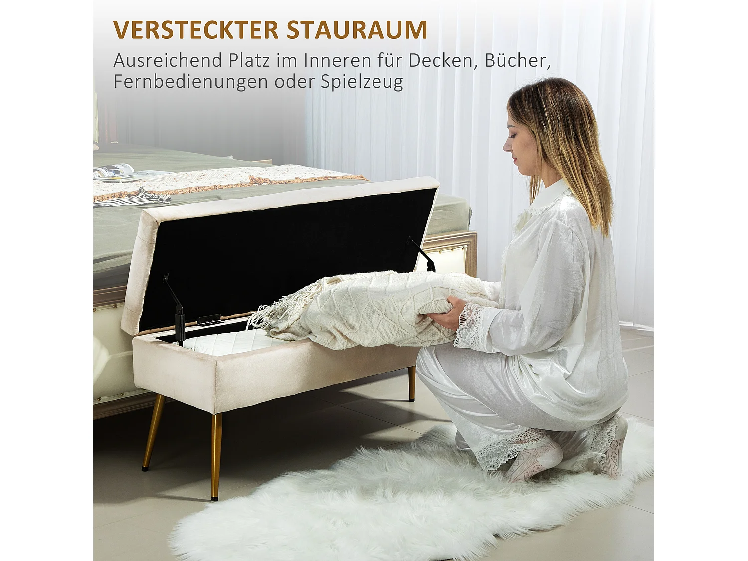 Gestoffeerde opbergbank, elegant design met deksel, polyester fluweel, beige (102x35x43cm)