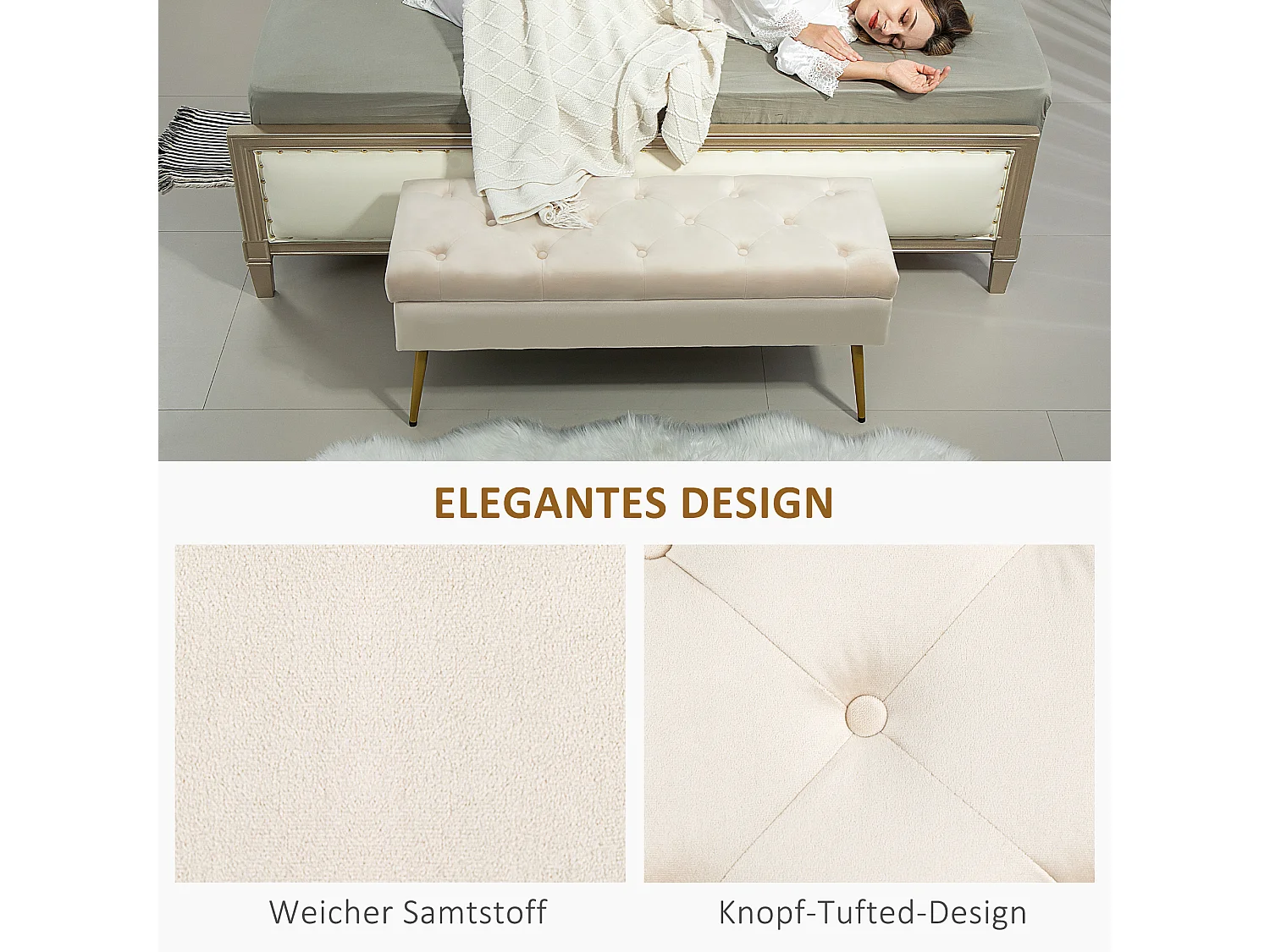 Gestoffeerde opbergbank, elegant design met deksel, polyester fluweel, beige (102x35x43cm)