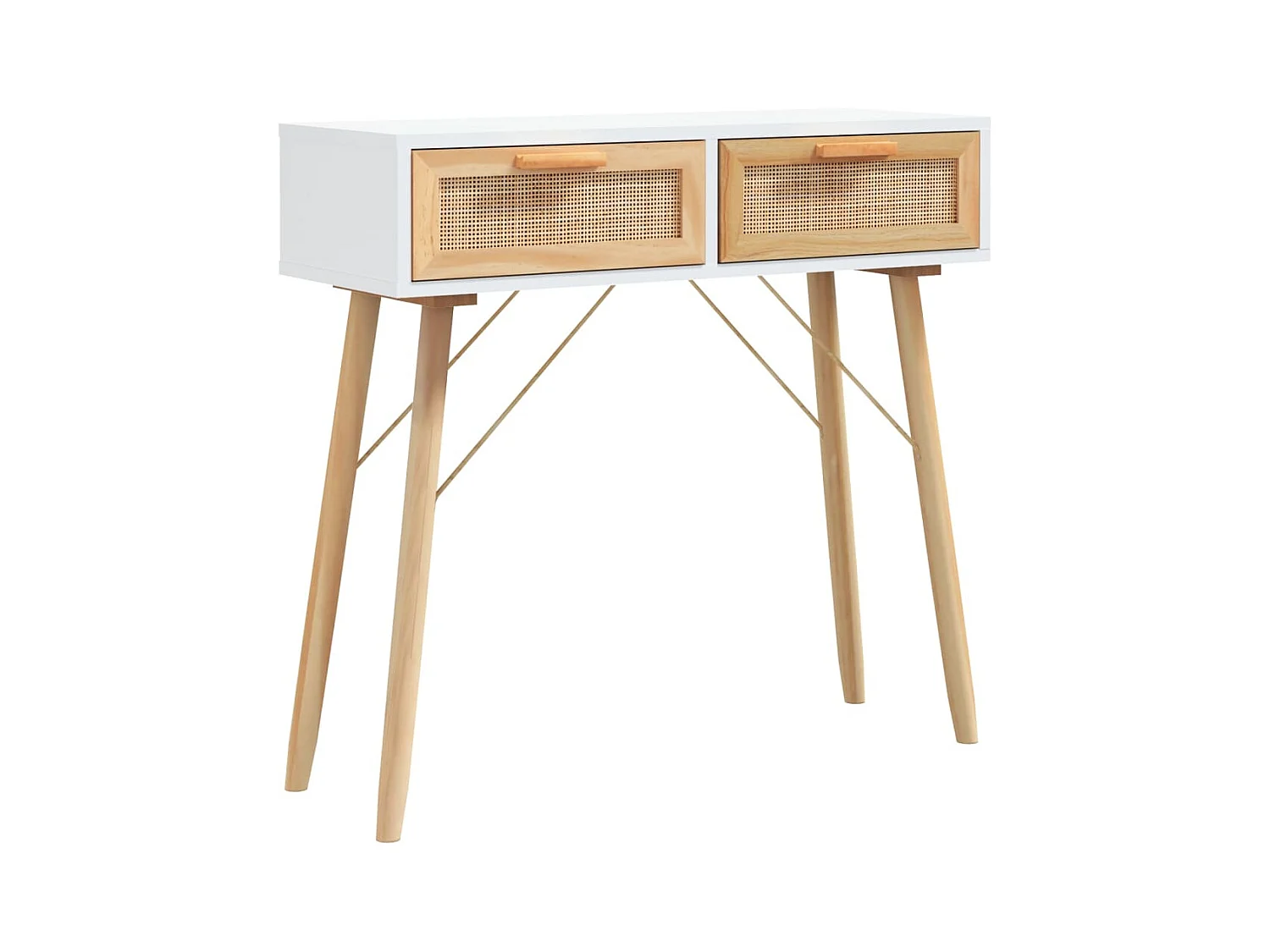 Consoletafel Wit 80x30x75 cm Massief grenenhout / natuurlijk rotan