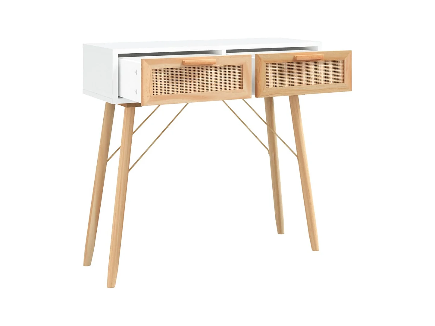 Consoletafel Wit 80x30x75 cm Massief grenenhout / natuurlijk rotan