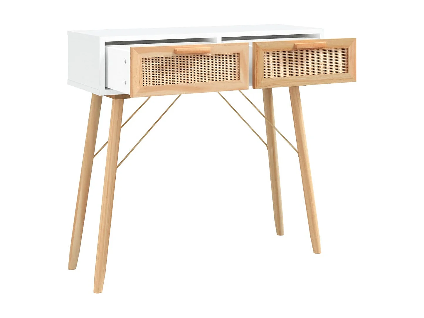 Mesa consola Blanca 80x30x75 cm Madera maciza de pino / ratán natural