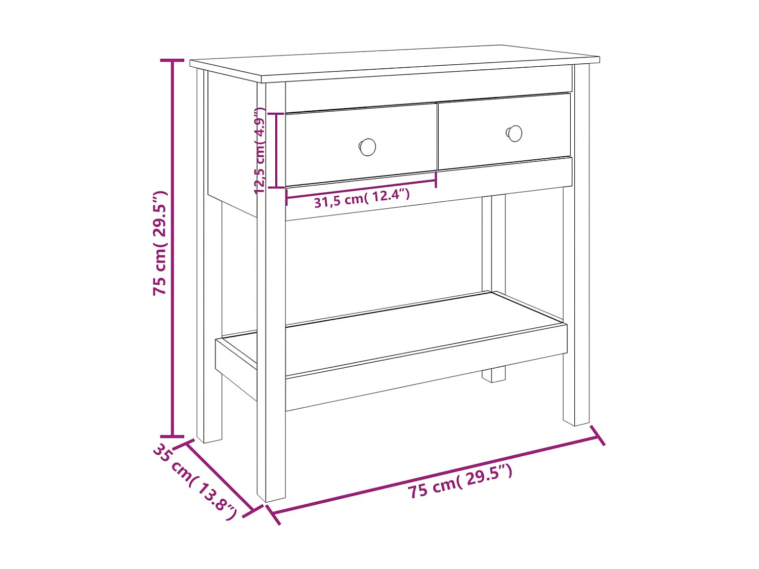 Consoletafel Wit 75x35x75 cm Massief grenenhout