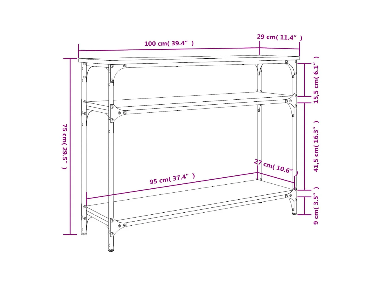 Table console noir 100x29x75 cm bois d'ingénierie