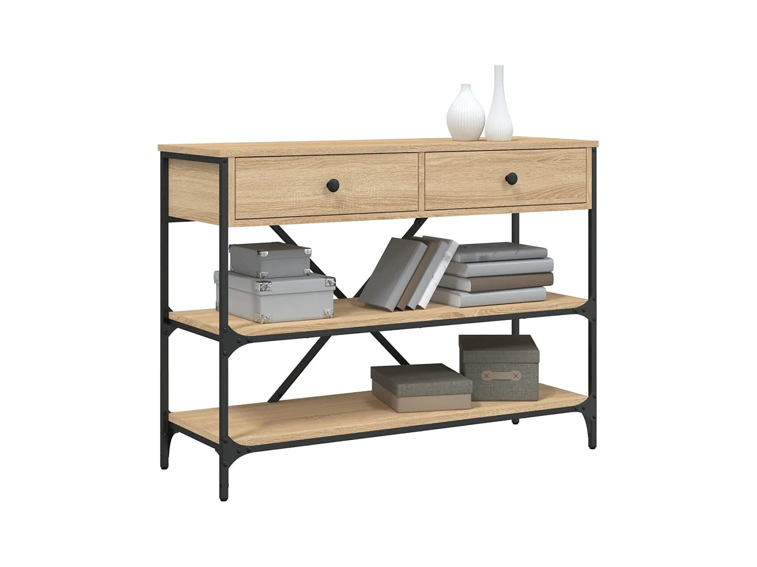 Table console avec tiroirs et étagères chêne sonoma