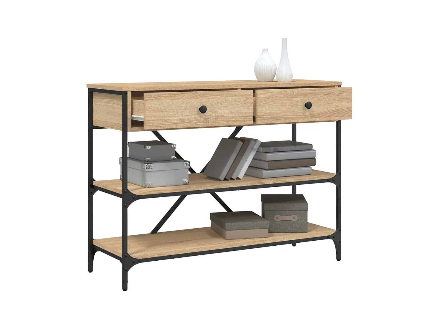 Table console avec tiroirs et étagères chêne sonoma