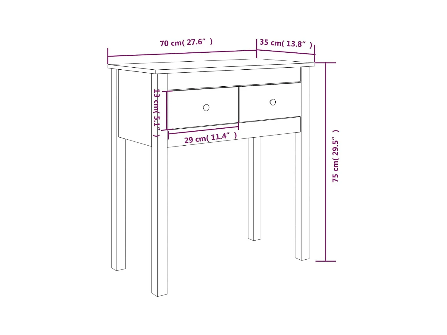 Consoletafel Wit 70x35x75 cm Massief grenenhout